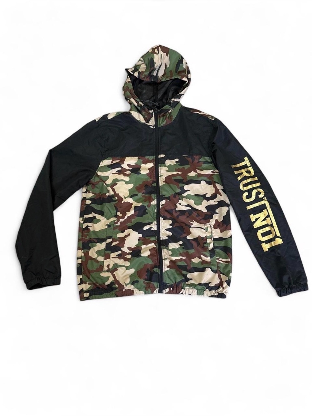 Carbon Men's Camo Windbreaker with Black Sleeves and Gold Sleeve Lettering